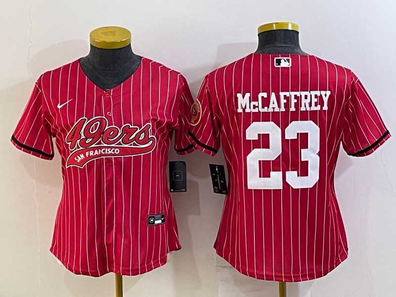 Women%27s San Francisco 49ers #23 Christian McCaffrey Red Pinstripe With Patch Cool Base Stitched Baseball Jersey->women nfl jersey->Women Jersey